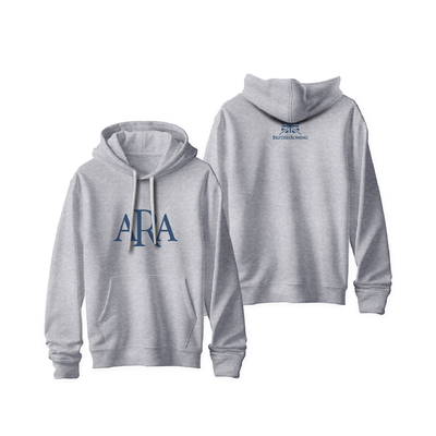 Classic Brit ARA Grey Hoody – Centre Front / Neck – Navy Logo