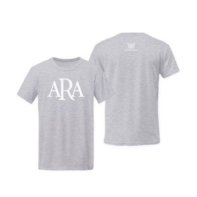 Classic Brit ARA Grey T-Shirt – Centre Front / Neck – White Logo