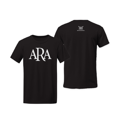 Classic Brit ARA Black T-Shirt – Centre Front / Neck – White Logo